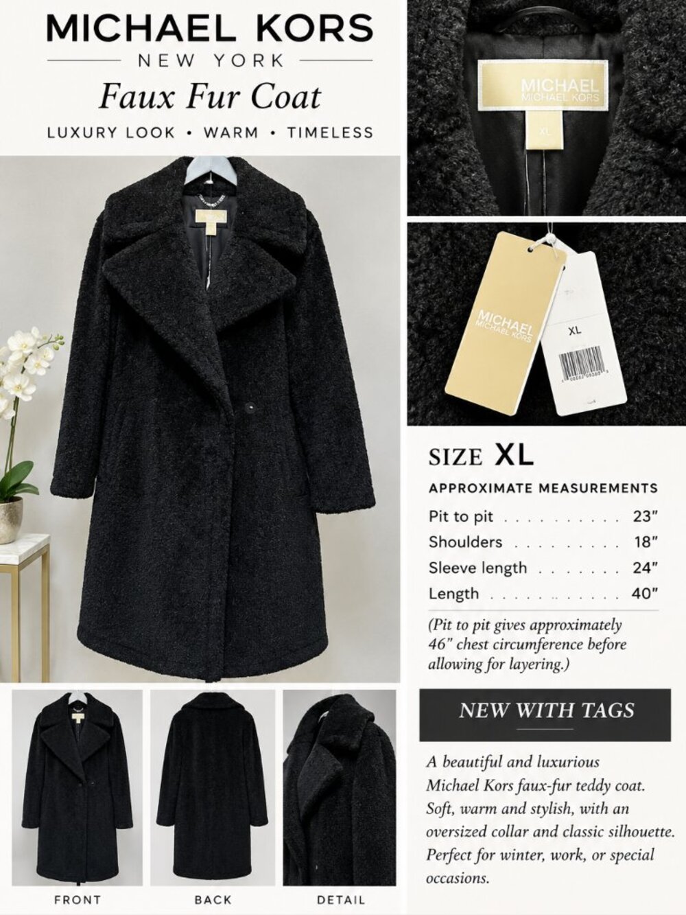 NEW MICHAEL KORS Black Faux Fur Teddy Coat Women’s XL Luxury Winter Jacket